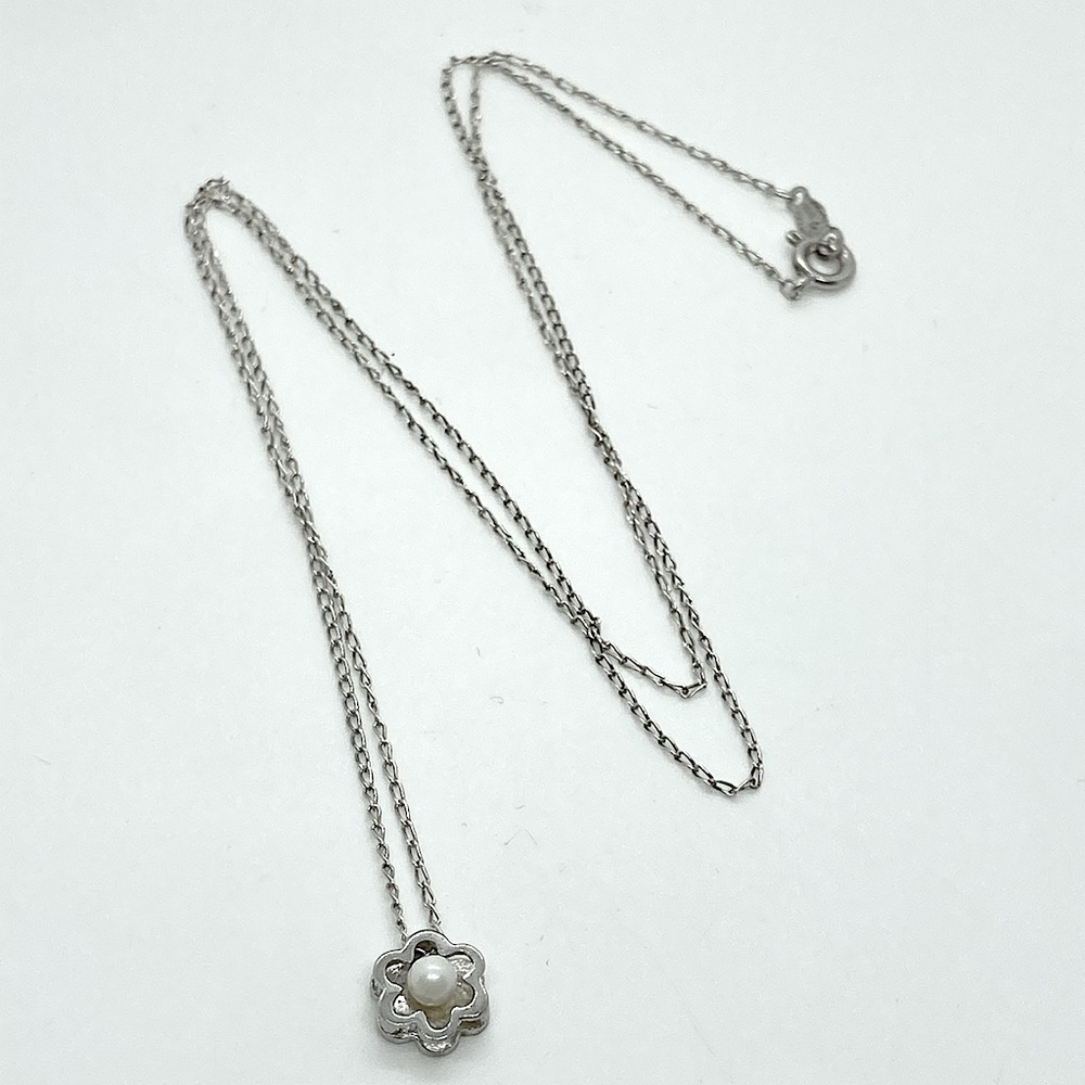 Vtg Sterling Silver Dainty Real Pearl Flower Affixed Pendant Necklace | 20” L
